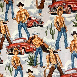 Alexander Henry Wranglers Shirtless Cowboys & Trucks Cotton Fabric 1 7/8 Yards